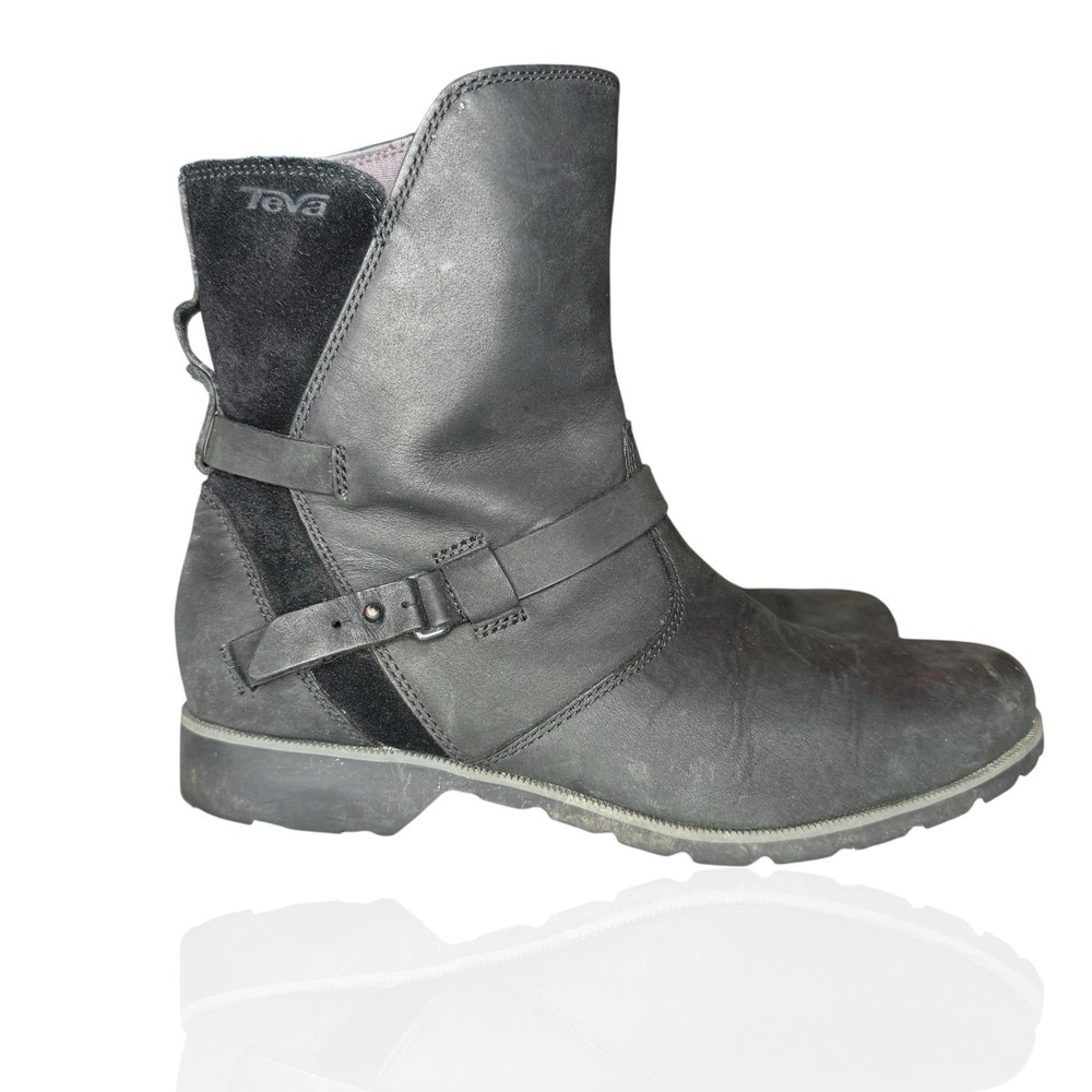 Teva 9.5 De La Vina Dos Black Leather Suede Waterproof Zip Up Buckle Boots